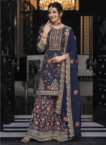 Premium Silk Blue Wedding Wear Embroidery Work Plazzo Suit